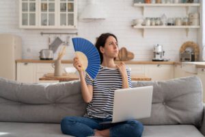 A woman sitting on a couch with a laptop on her lap. She's holding a fan.